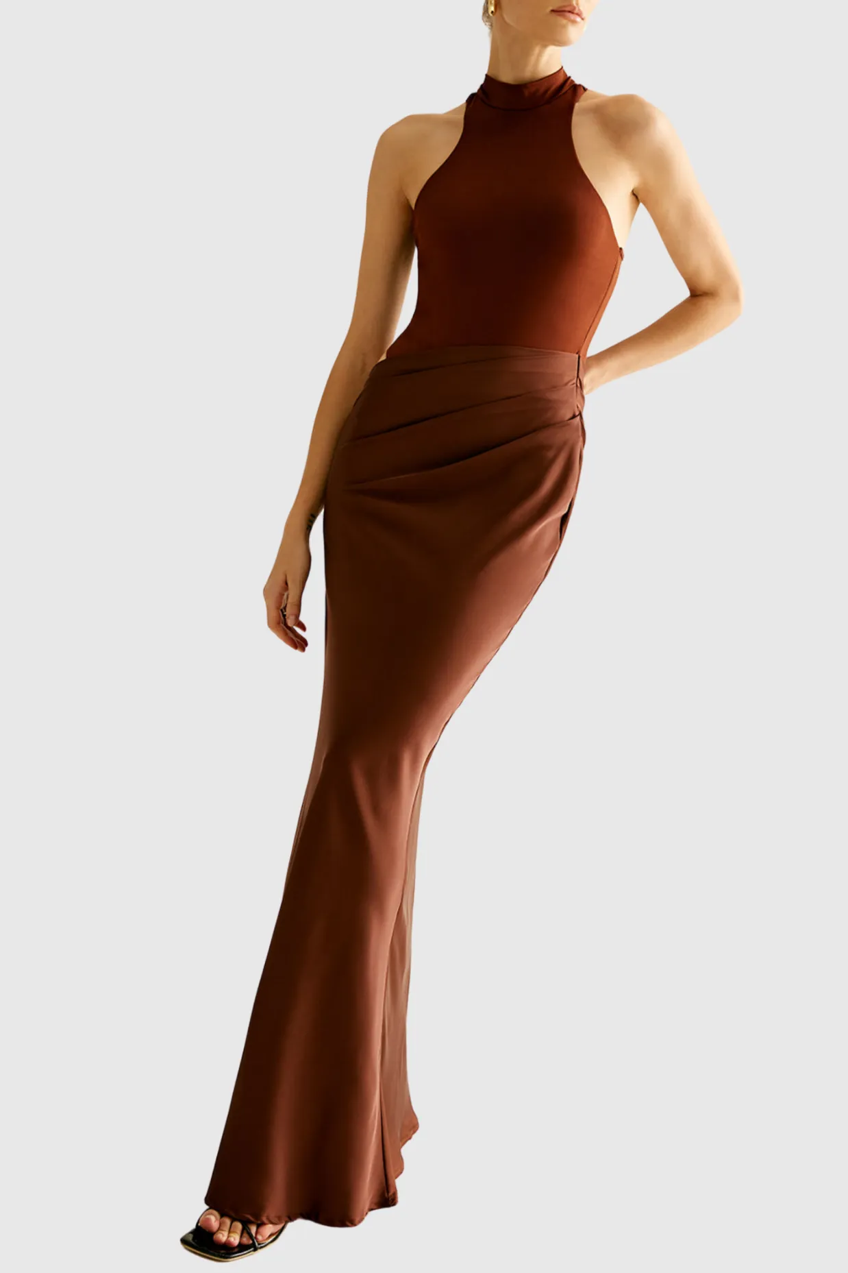 Ilya Asymmetrical Cutout Satin Maxi Dress in Brown Gloria Lanvin