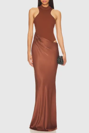 Ilya Asymmetrical Cutout Satin Maxi Dress in Brown Gloria Lanvin