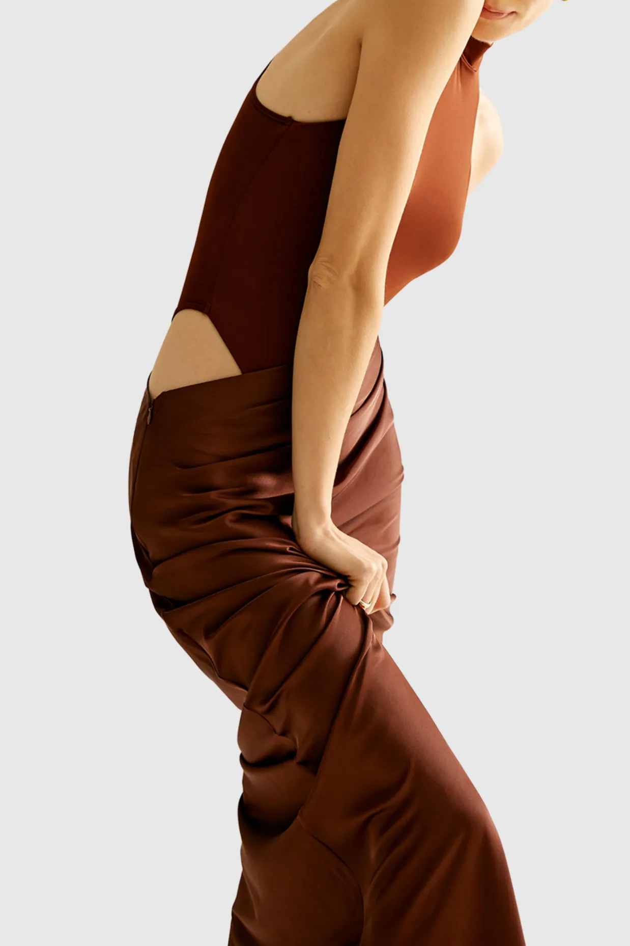 Ilya Asymmetrical Cutout Satin Maxi Dress in Brown Gloria Lanvin