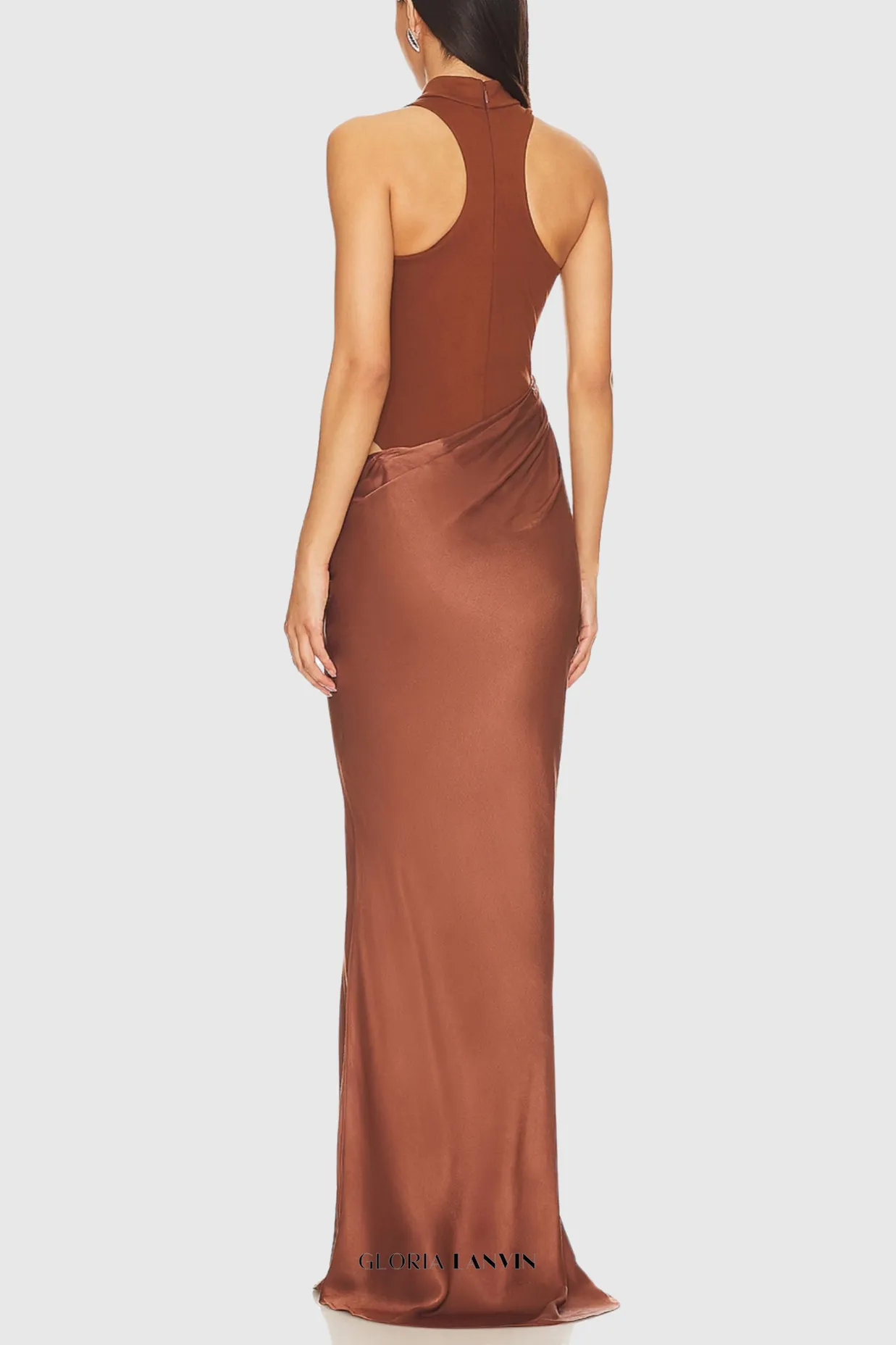 Ilya Asymmetrical Cutout Satin Maxi Dress in Brown Gloria Lanvin