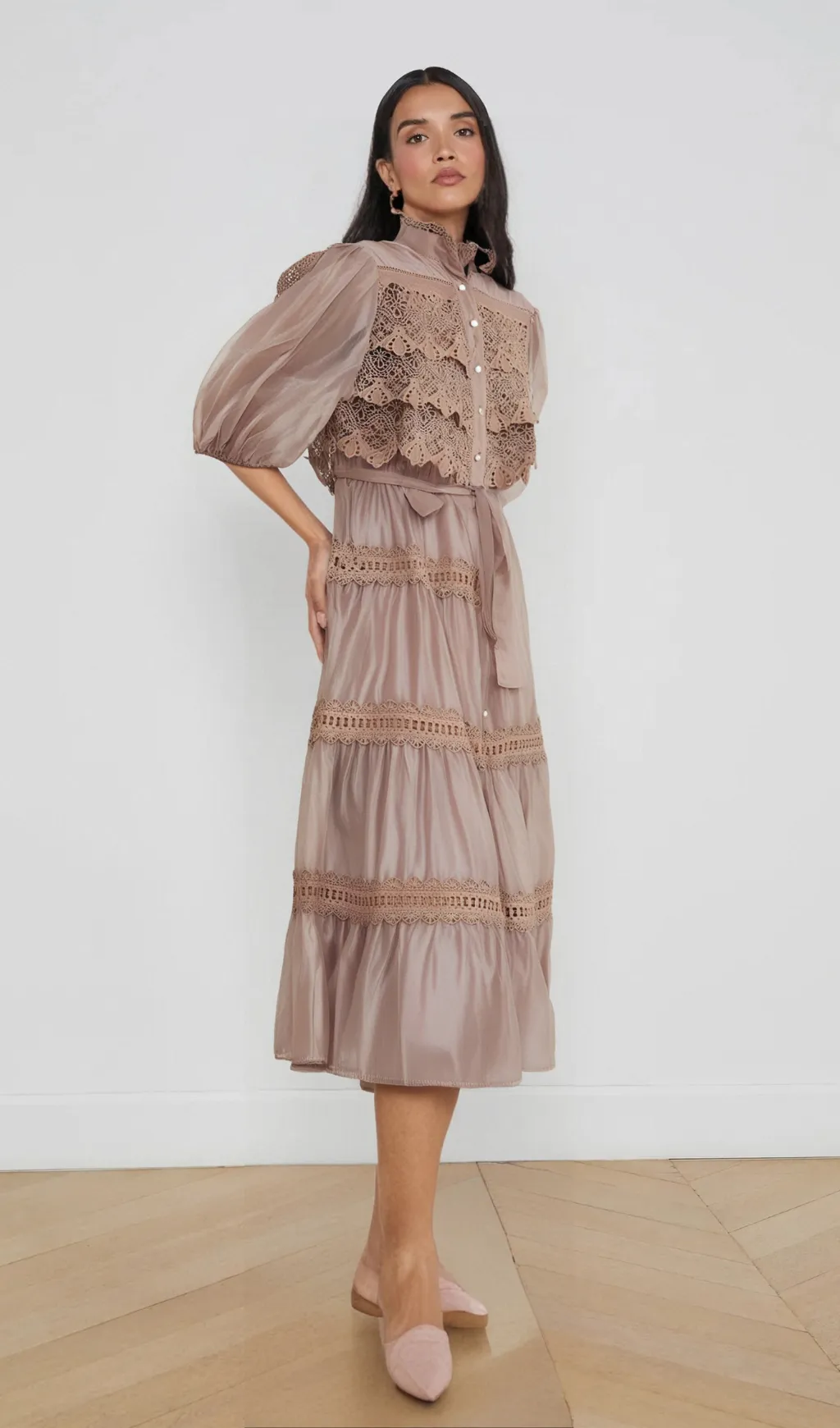 Ins lace cut-out tiered midi dress Gloria Lanvin