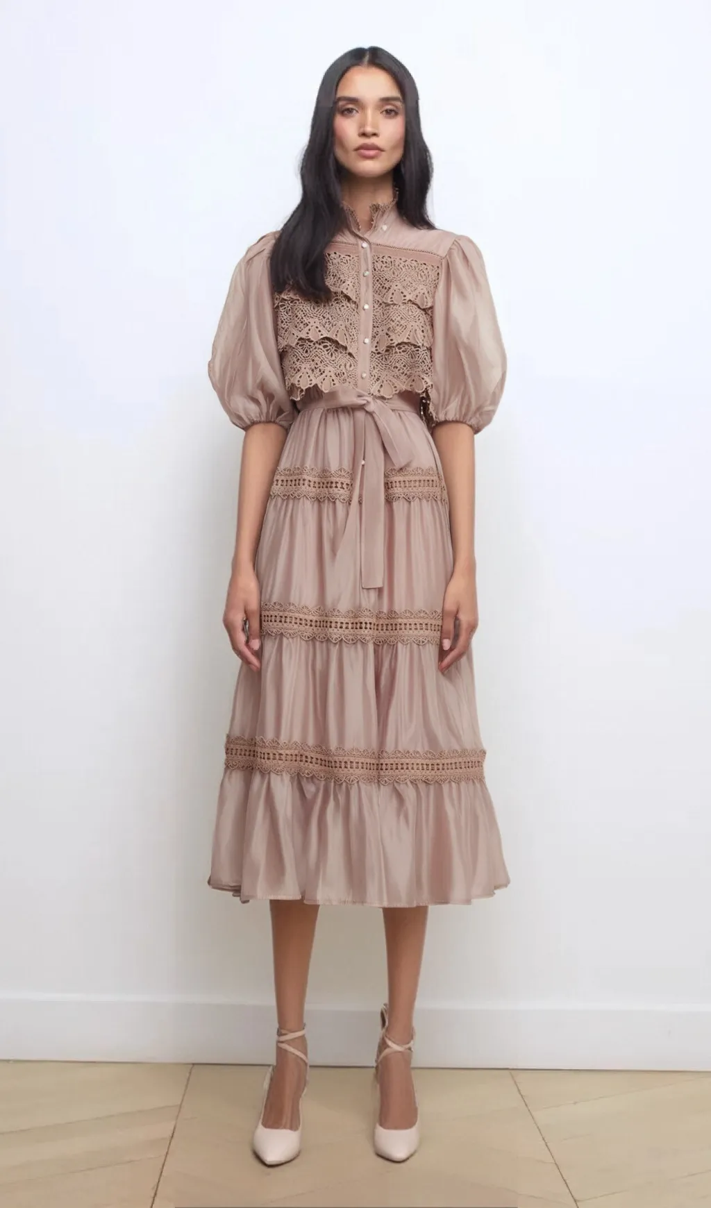 Ins lace cut-out tiered midi dress Gloria Lanvin