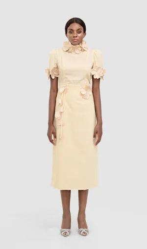 IRENE CREAM YELLOW FLOWER TWO PIECE SET MIDI DRESS Gloria Lanvin