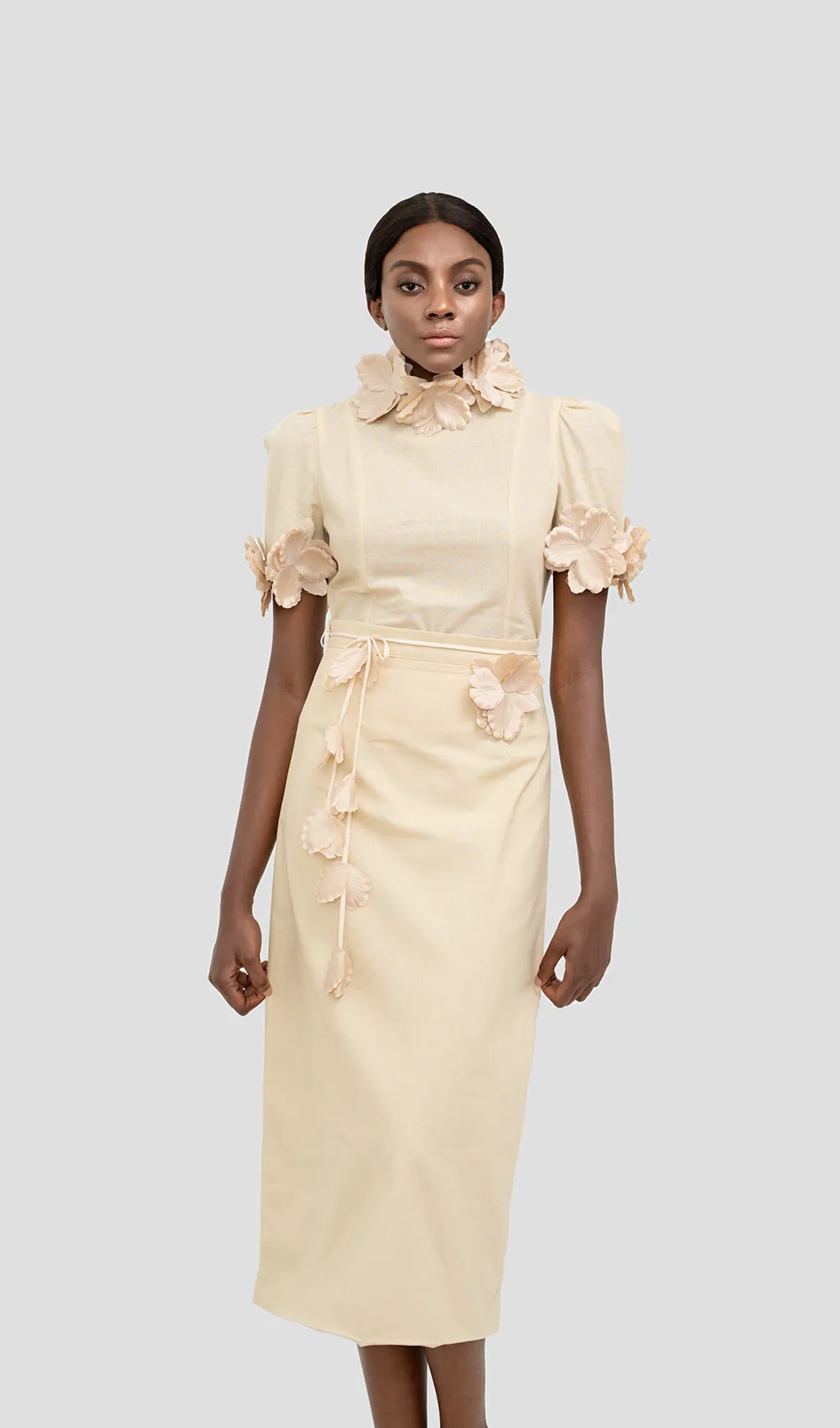 IRENE CREAM YELLOW FLOWER TWO PIECE SET MIDI DRESS Gloria Lanvin