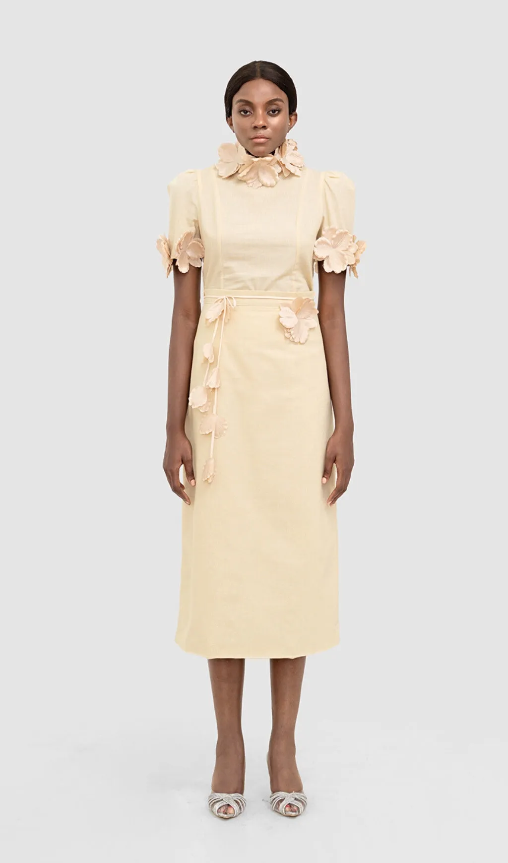 IRENE CREAM YELLOW FLOWER TWO PIECE SET MIDI DRESS Gloria Lanvin