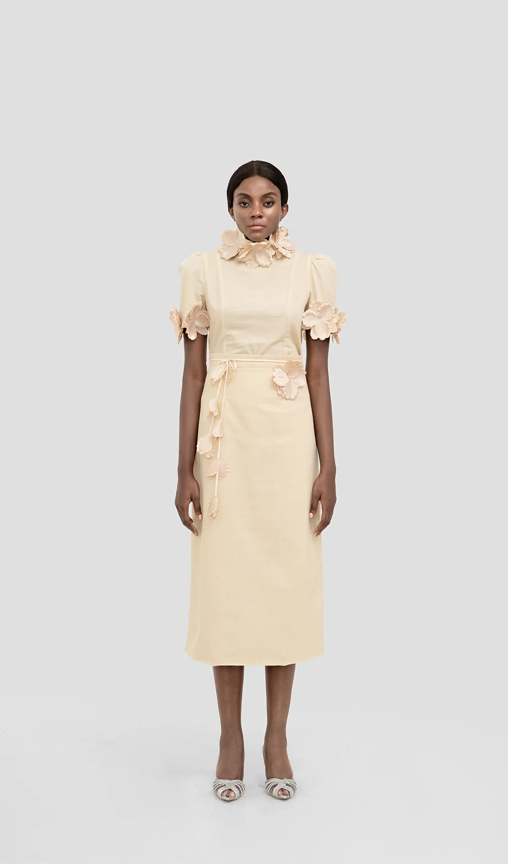 IRENE CREAM YELLOW FLOWER TWO PIECE SET MIDI DRESS Gloria Lanvin