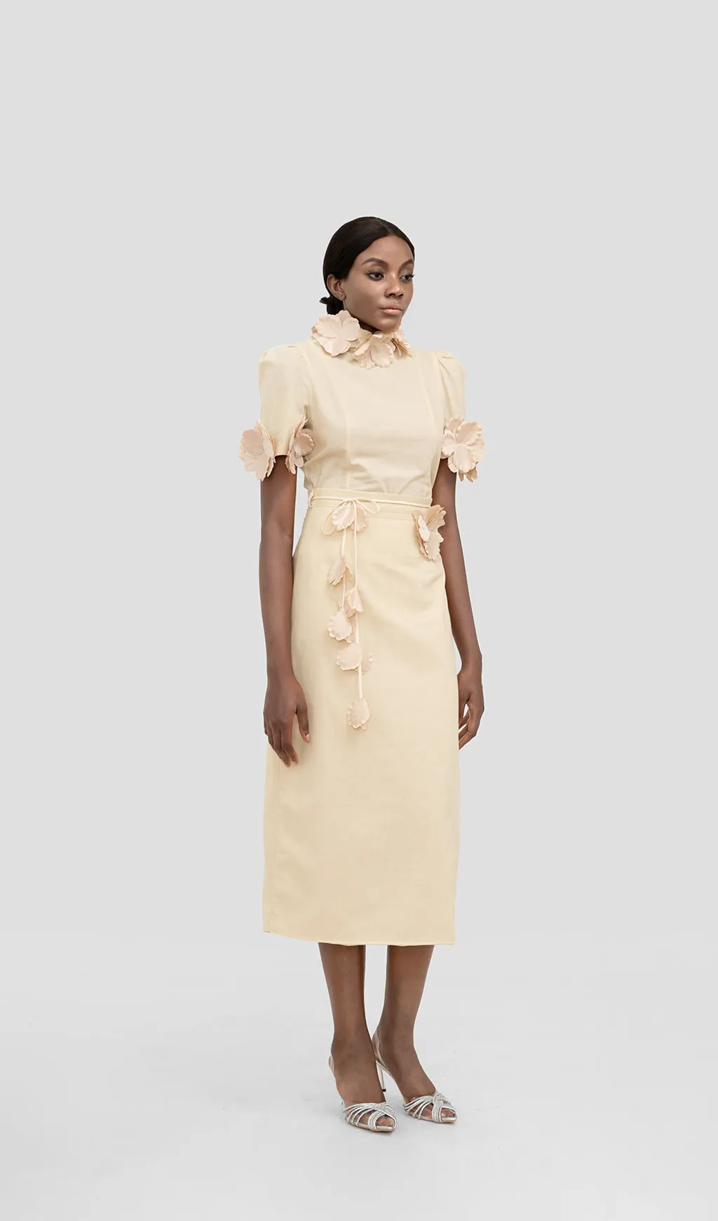 IRENE CREAM YELLOW FLOWER TWO PIECE SET MIDI DRESS Gloria Lanvin