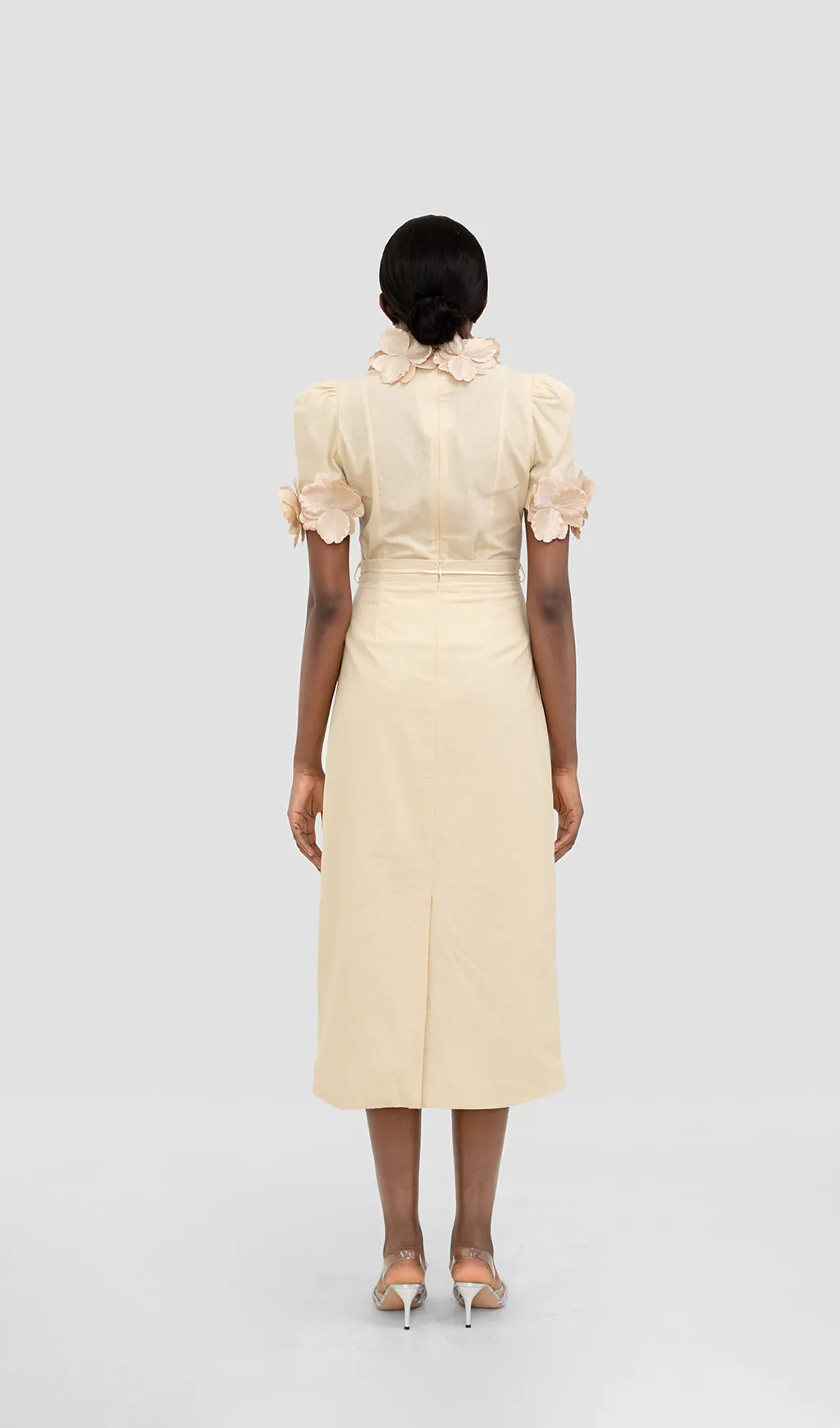 IRENE CREAM YELLOW FLOWER TWO PIECE SET MIDI DRESS Gloria Lanvin