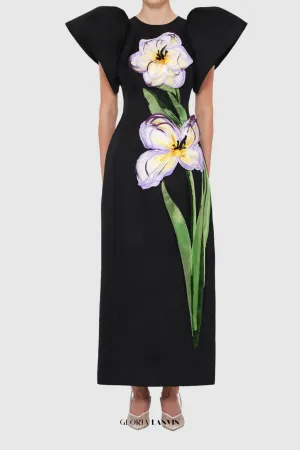 Iris Print Appliqu Floral Maxi Dress in Ebony Gloria Lanvin