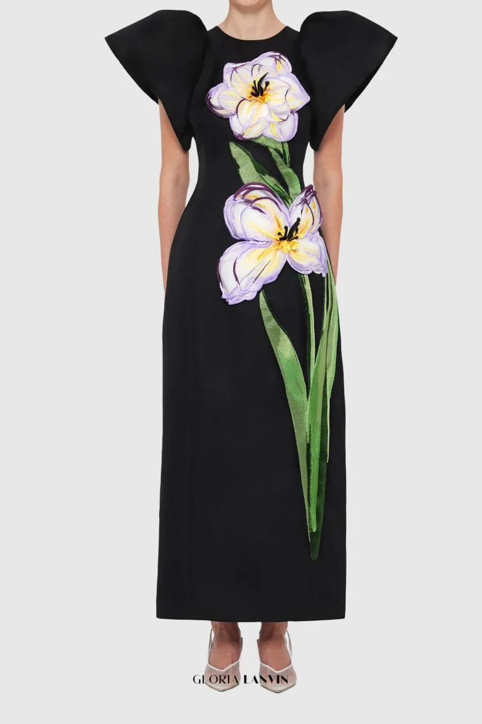 Iris Print Appliqu Floral Maxi Dress in Ebony Gloria Lanvin