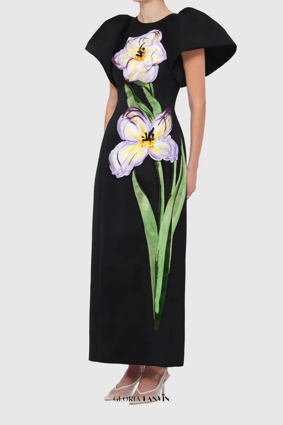 Iris Print Appliqu Floral Maxi Dress in Ebony Gloria Lanvin