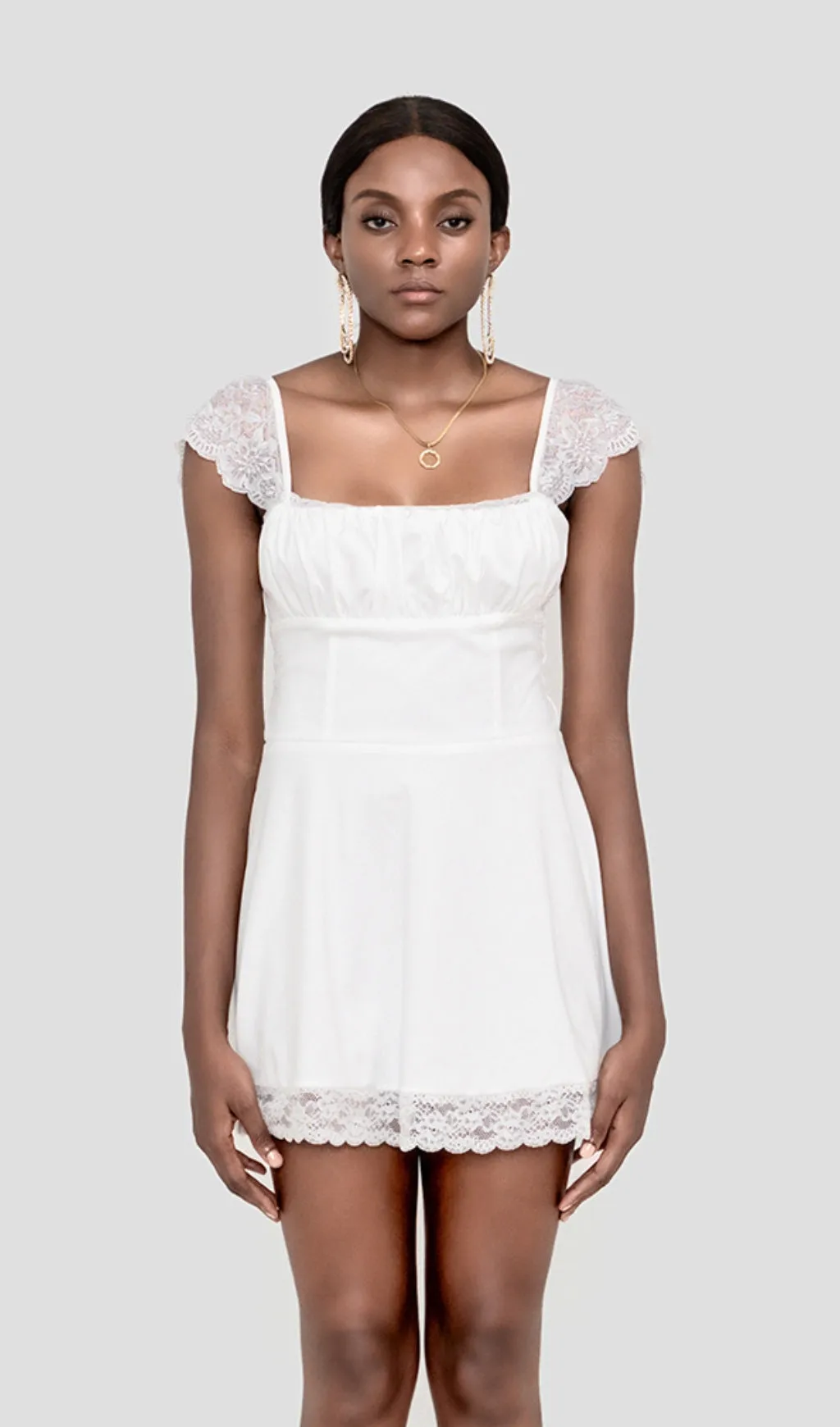 IRIS WHITE SATIN LACE MINI DRESS Gloria Lanvin