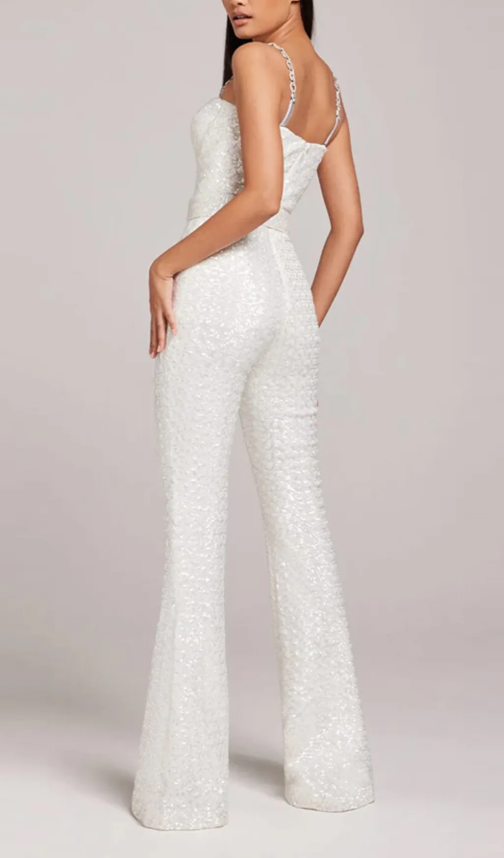 JACQUARD DIAMANTE STRAP FLARED JUMPSUIT WITH BELT Gloria Lanvin