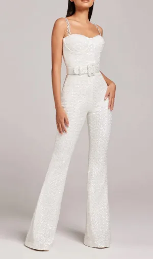 JACQUARD DIAMANTE STRAP FLARED JUMPSUIT WITH BELT Gloria Lanvin