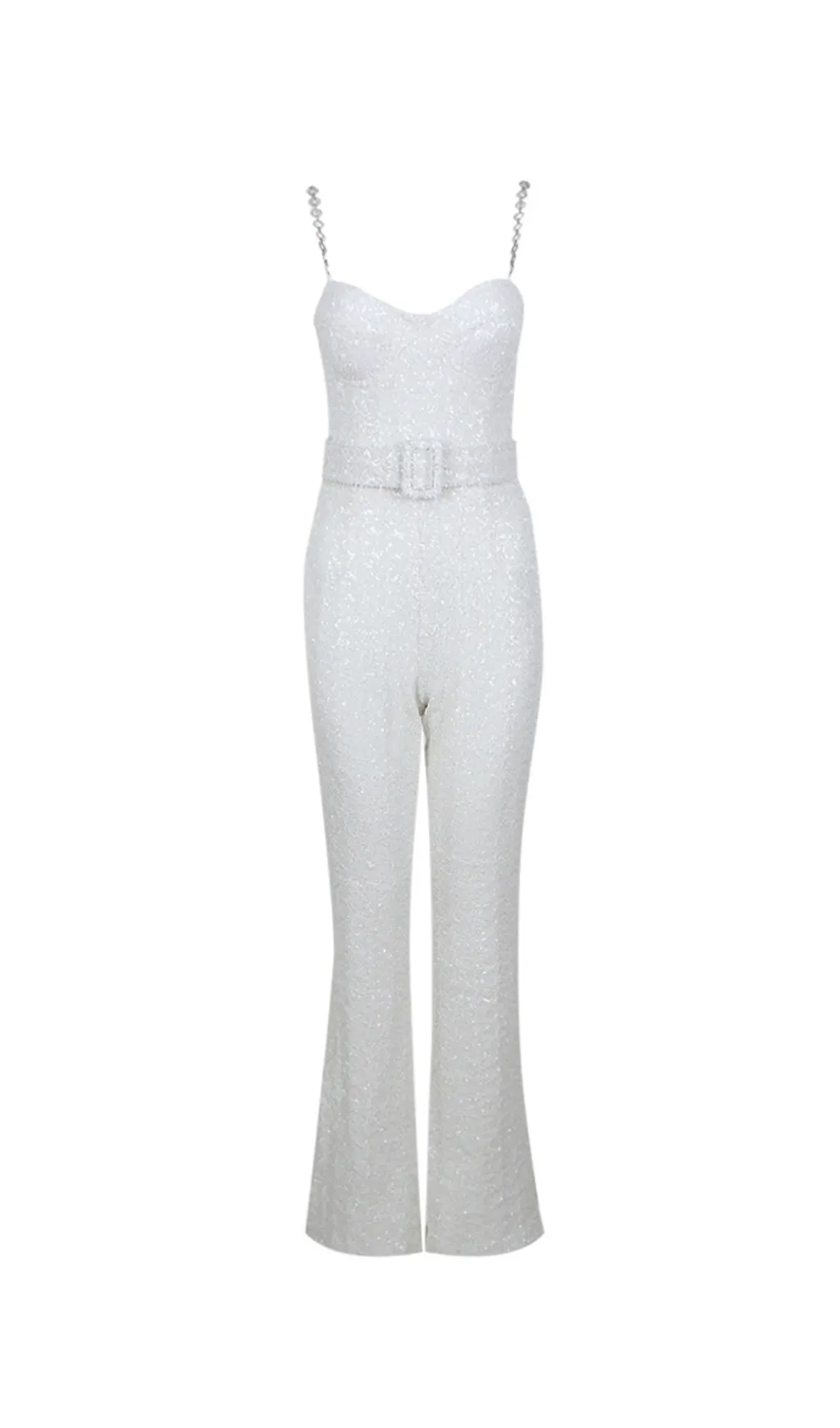 JACQUARD DIAMANTE STRAP FLARED JUMPSUIT WITH BELT Gloria Lanvin