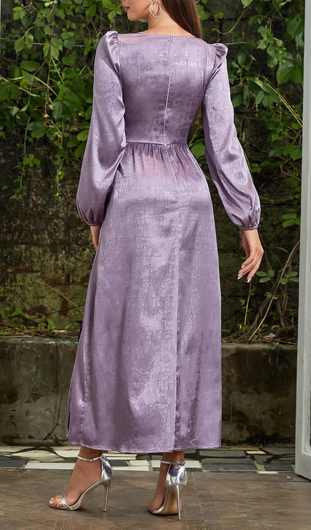 JACQUARD LANTERN SLEEVE SPLIT THIGH MAXI DRESS Gloria Lanvin