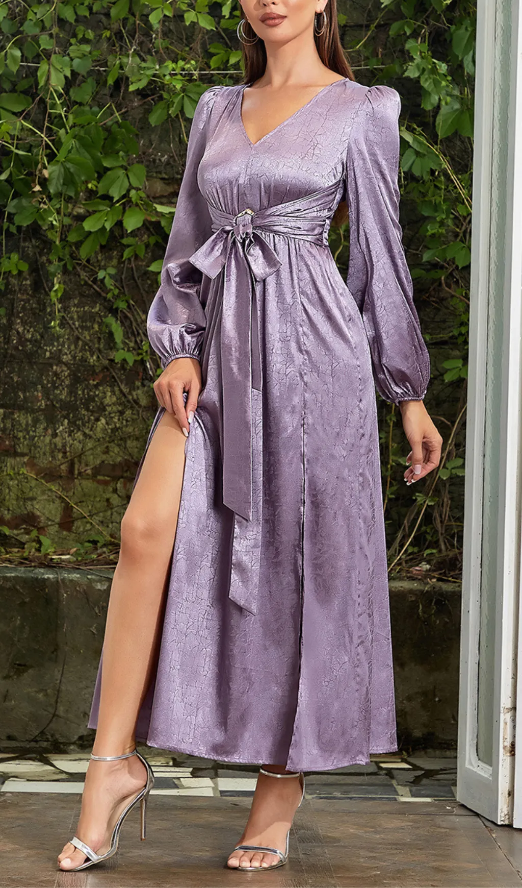 JACQUARD LANTERN SLEEVE SPLIT THIGH MAXI DRESS Gloria Lanvin