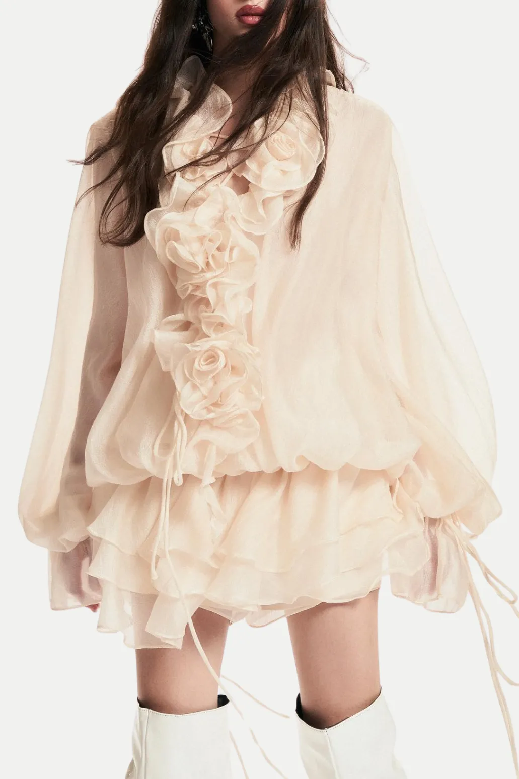 Jaketta Flower Ruffle Mini Dress In Beige Gloria Lanvin
