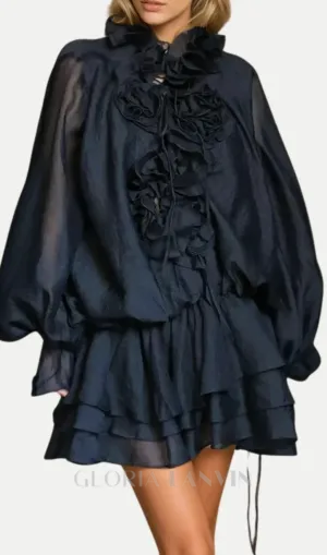 Jaketta Flower Ruffle Mini Dress In Black Gloria Lanvin