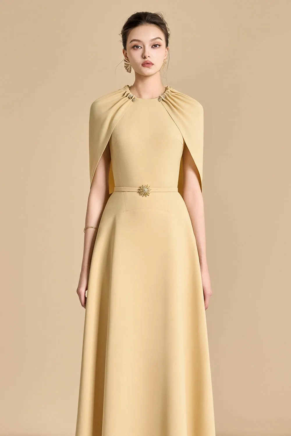 Jasmine A-line Cape Sleeved maxi Dress in yellow beige Gloria Lanvin