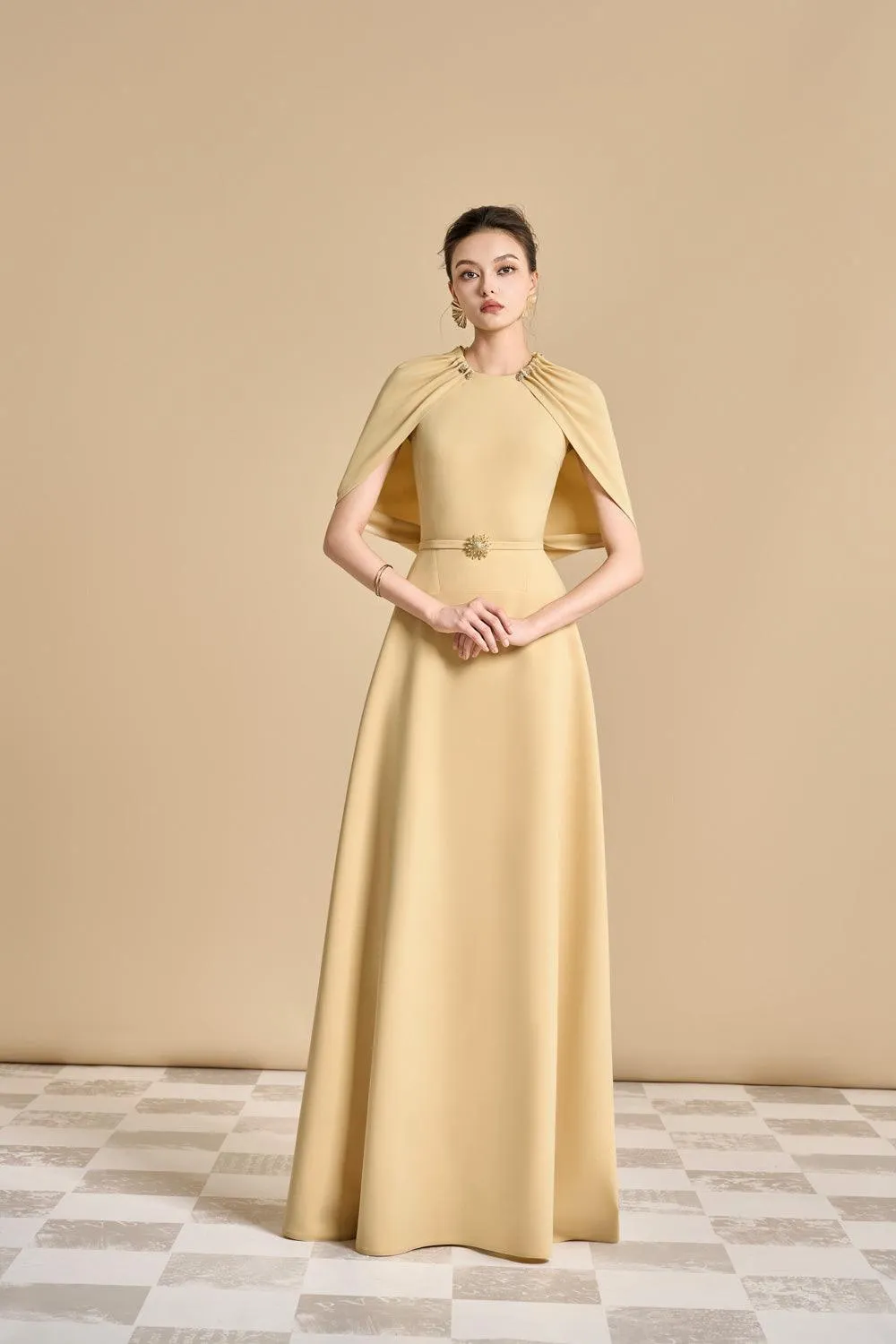 Jasmine A-line Cape Sleeved maxi Dress in yellow beige Gloria Lanvin