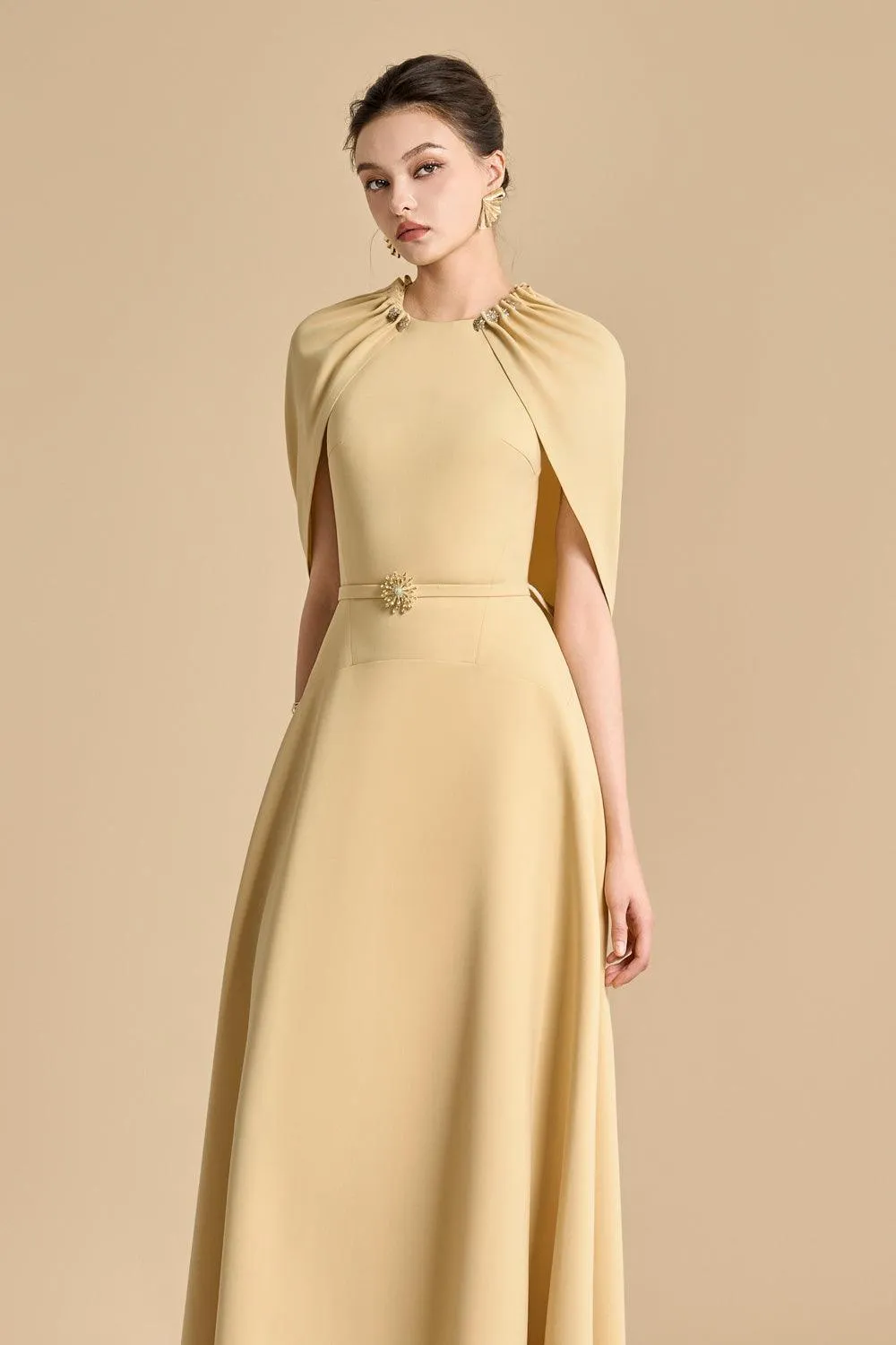 Jasmine A-line Cape Sleeved maxi Dress in yellow beige Gloria Lanvin