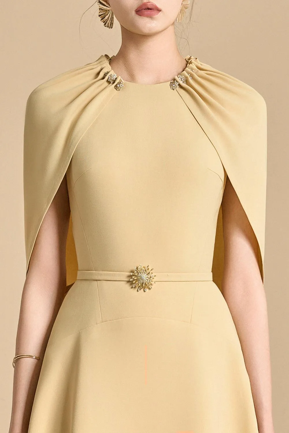 Jasmine A-line Cape Sleeved maxi Dress in yellow beige Gloria Lanvin