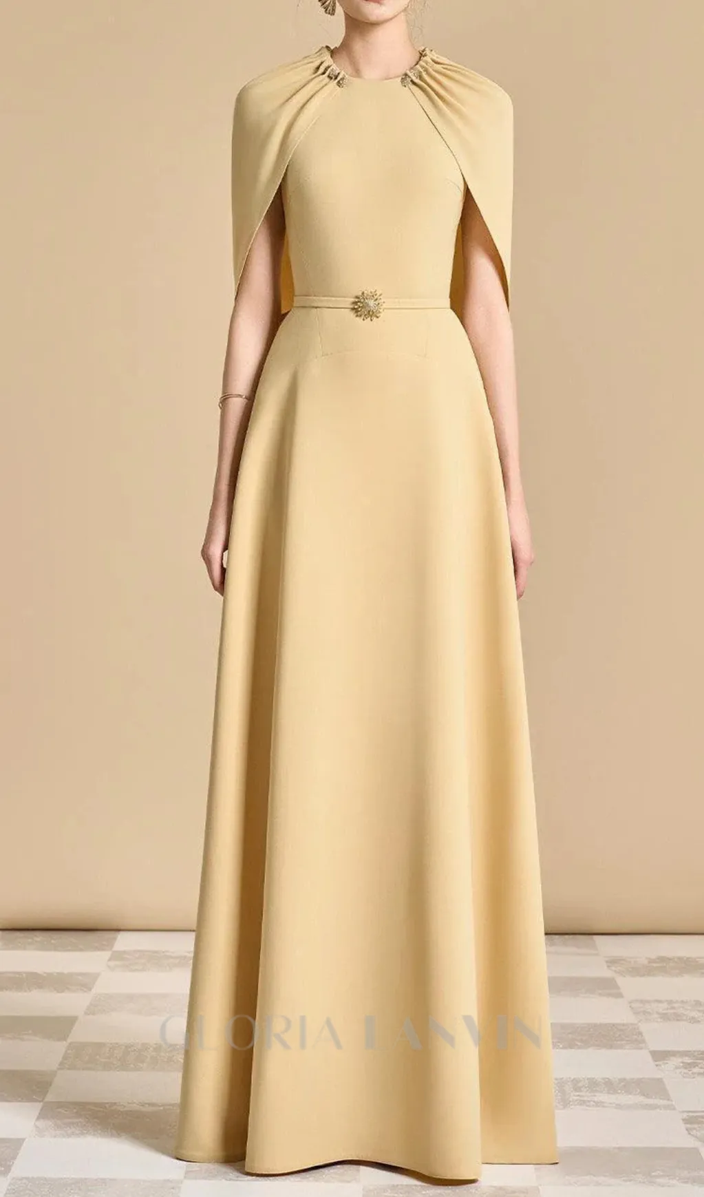 Jasmine A-line Cape Sleeved maxi Dress in yellow beige Gloria Lanvin
