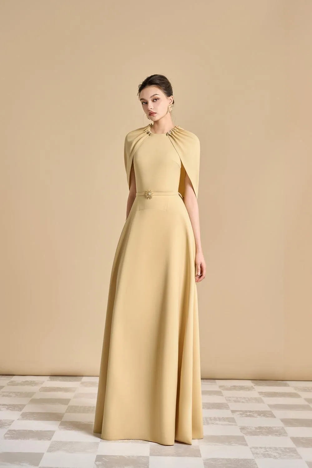 Jasmine A-line Cape Sleeved maxi Dress in yellow beige Gloria Lanvin