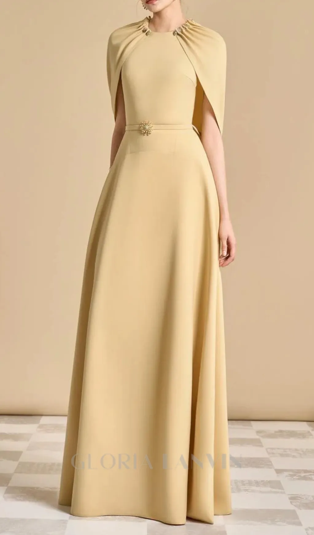 Jasmine A-line Cape Sleeved maxi Dress in yellow beige Gloria Lanvin