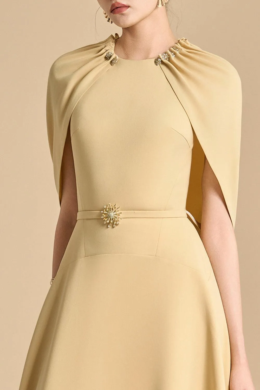 Jasmine A-line Cape Sleeved maxi Dress in yellow beige Gloria Lanvin