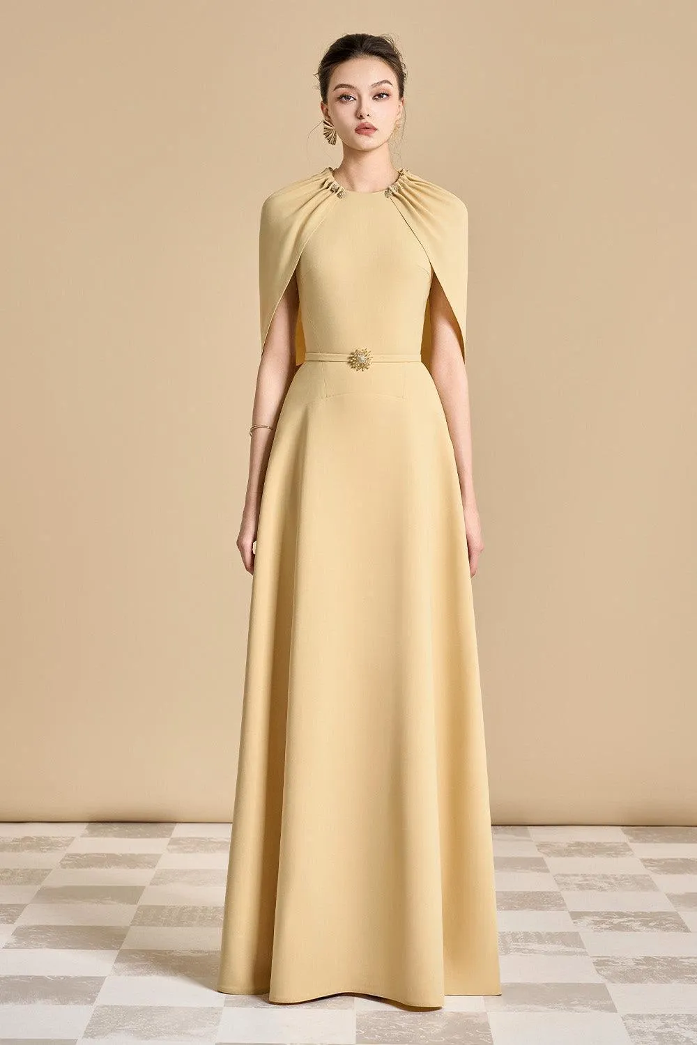Jasmine A-line Cape Sleeved maxi Dress in yellow beige Gloria Lanvin