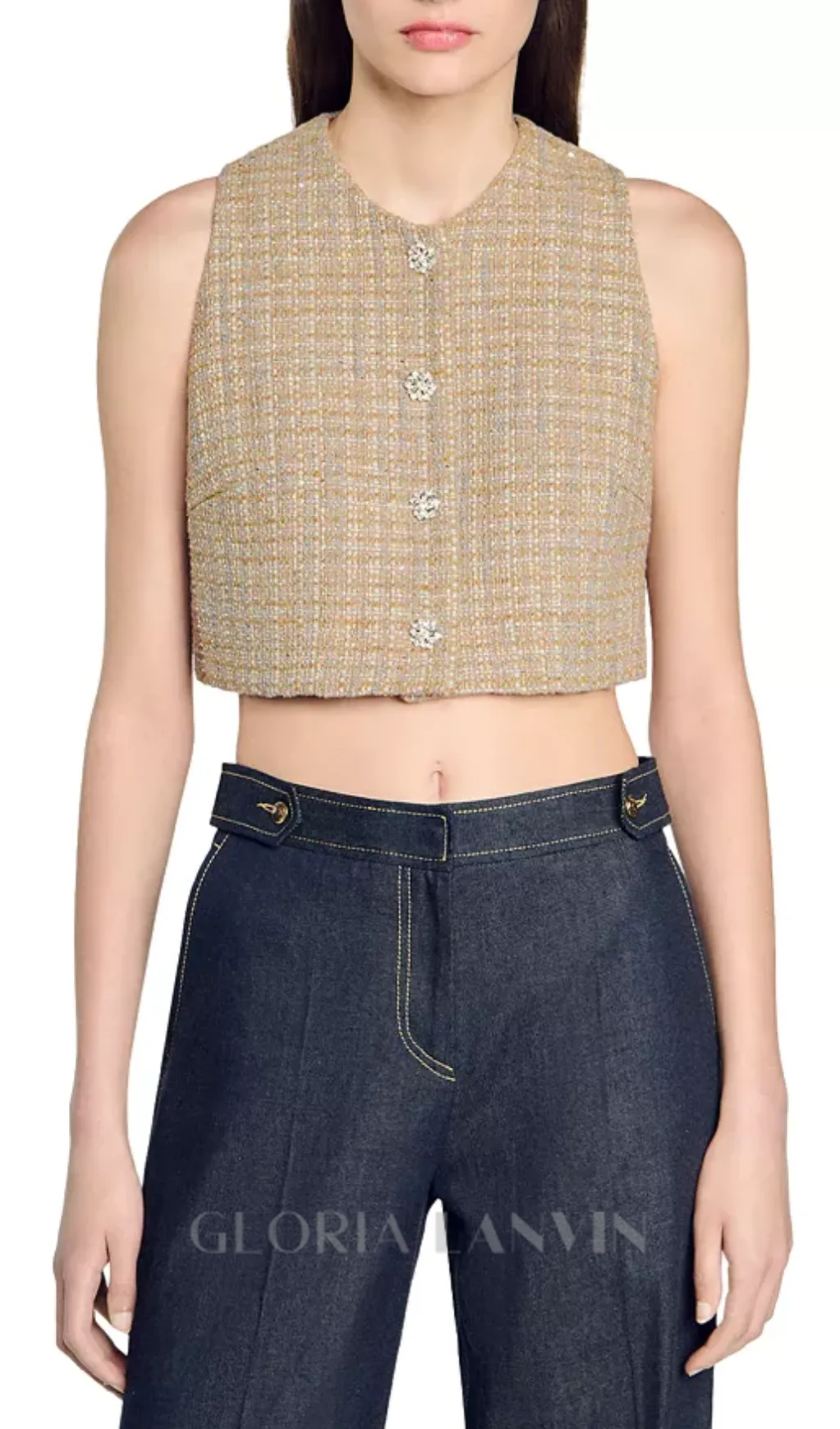 Javier Tweed Crop Top in camel Gloria Lanvin