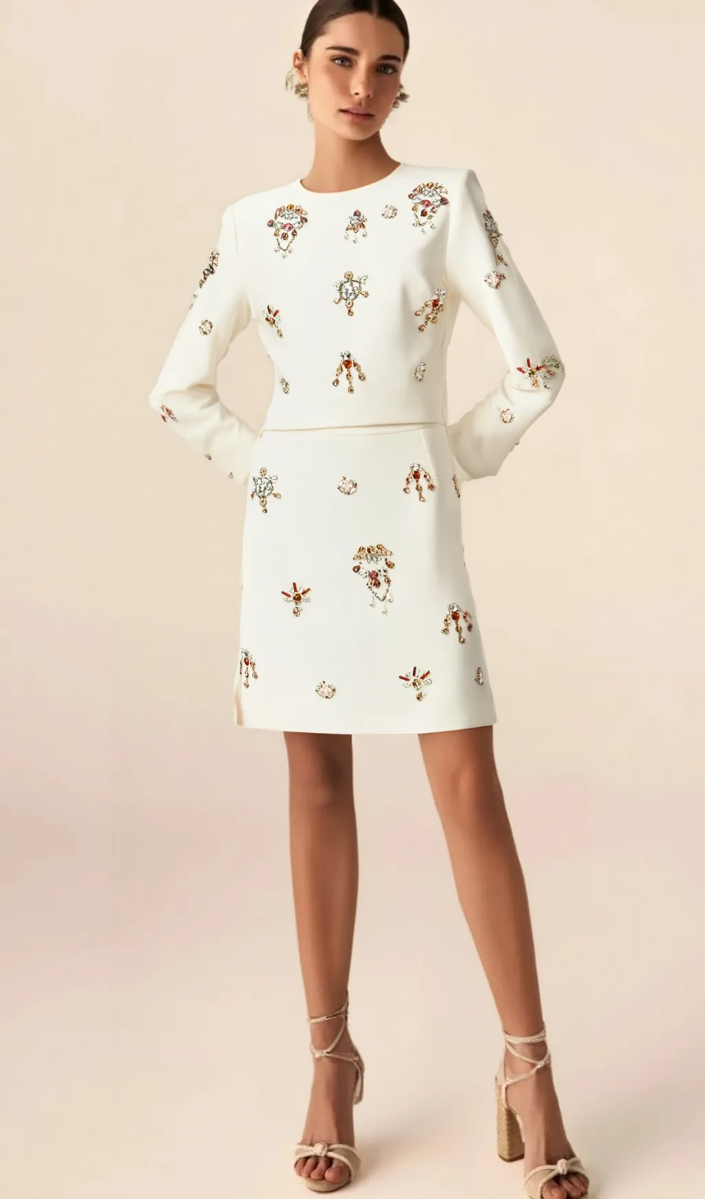 Jeanne white crystal-embellished top & skirt matching set Gloria Lanvin