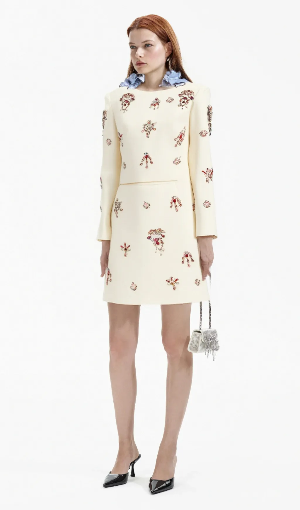 Jeanne white crystal-embellished top & skirt matching set Gloria Lanvin