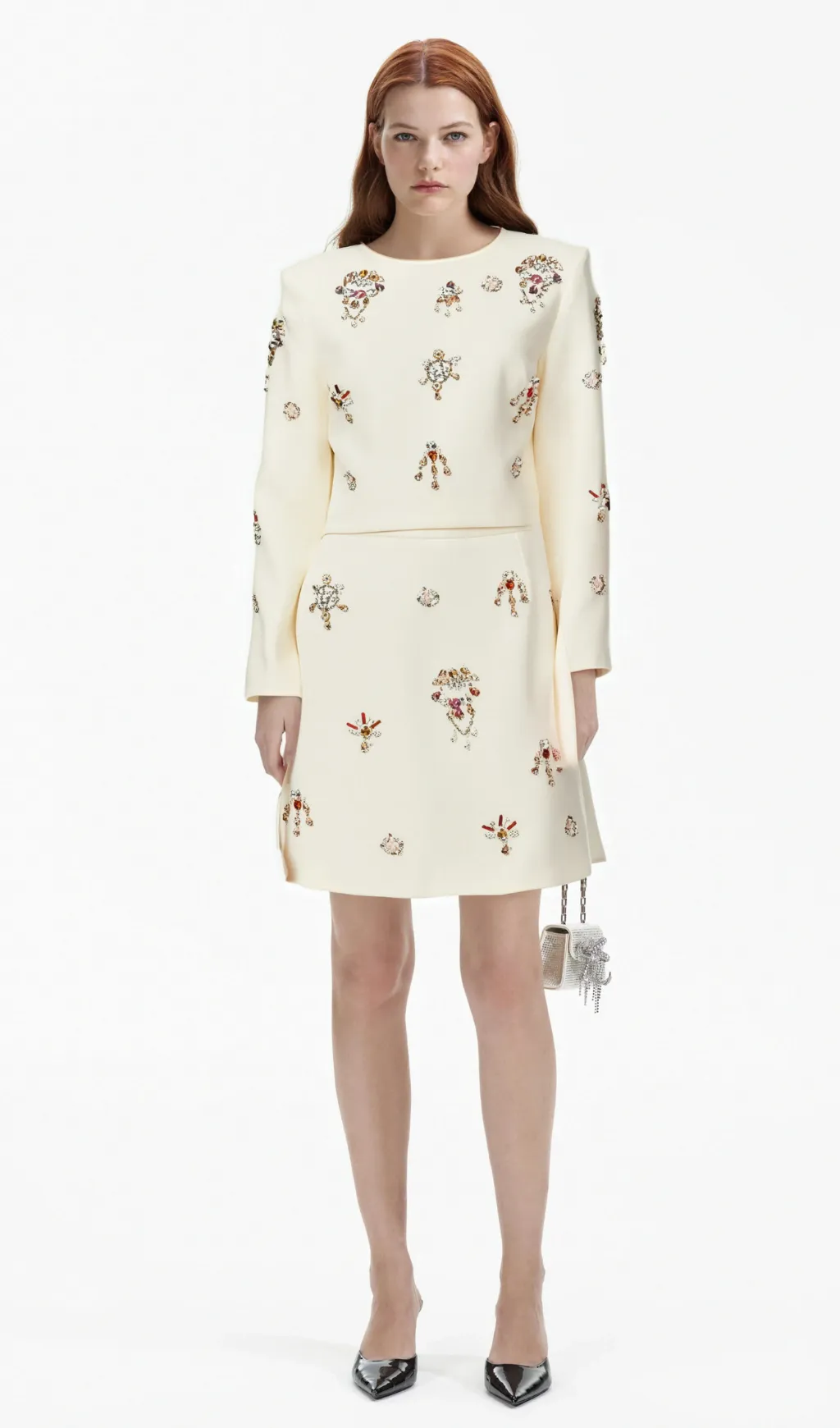 Jeanne white crystal-embellished top & skirt matching set Gloria Lanvin