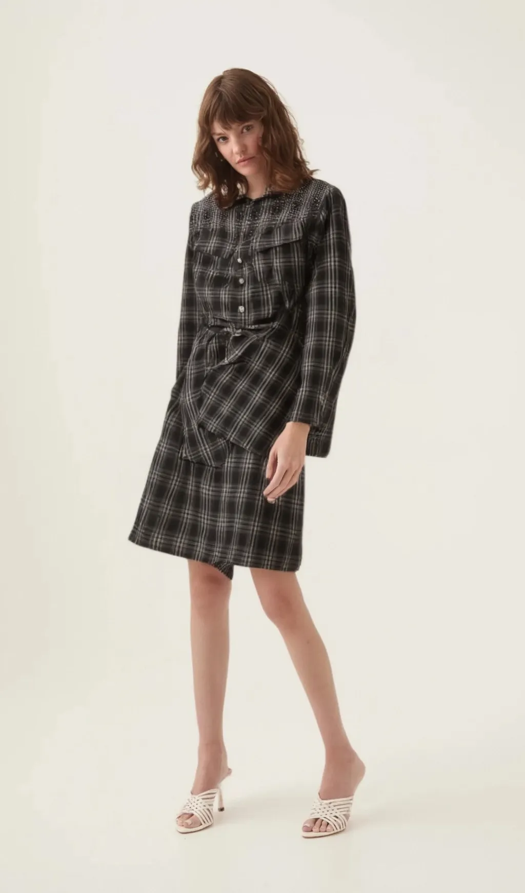 Jeannette black studded check mini shirt dress Gloria Lanvin