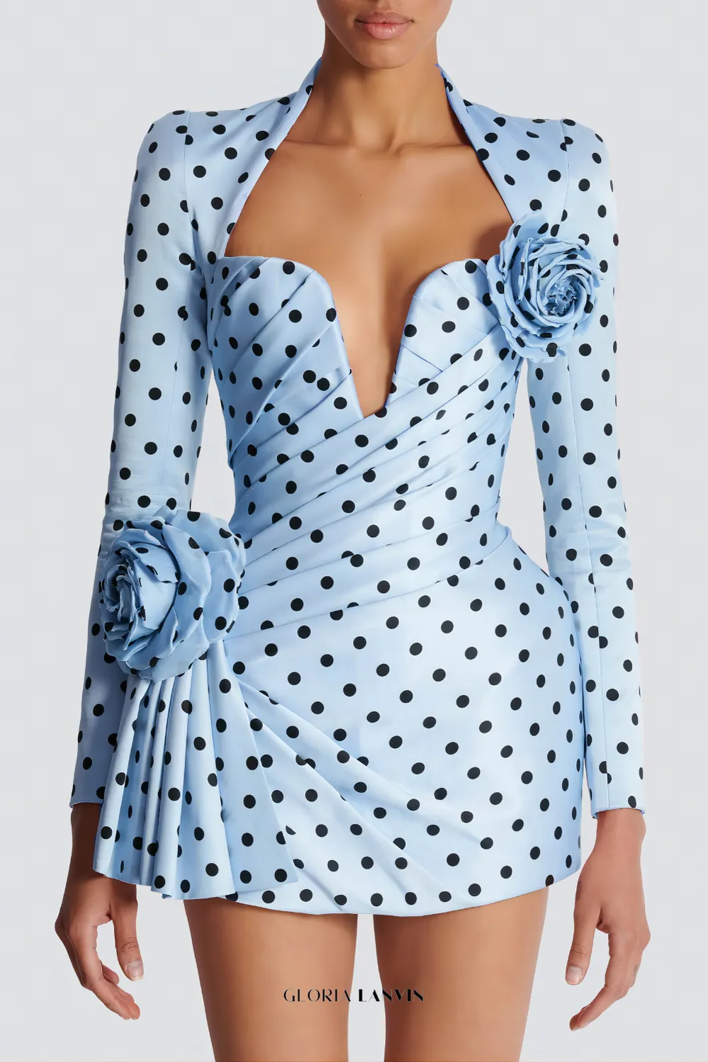 jenny Polka Dots Satin Mini Dress in Blue Gloria Lanvin