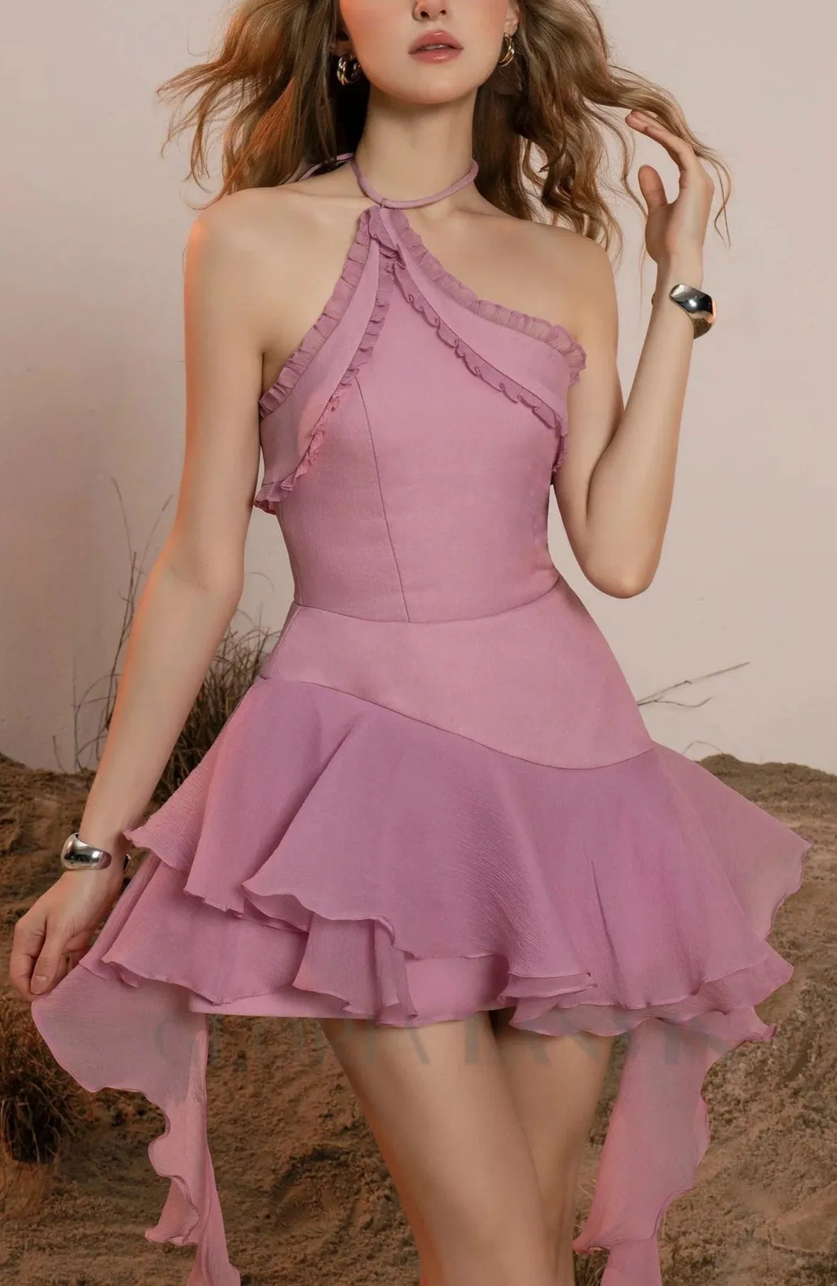 jessica halter ruffle trim mini dress in purple Gloria Lanvin