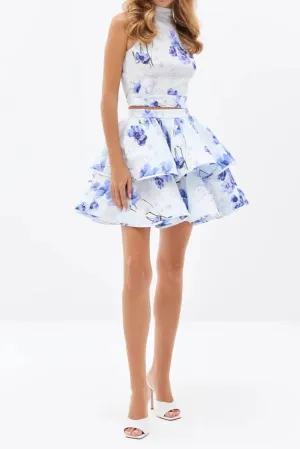 jessica printed backless halter top skirt set in blue Gloria Lanvin