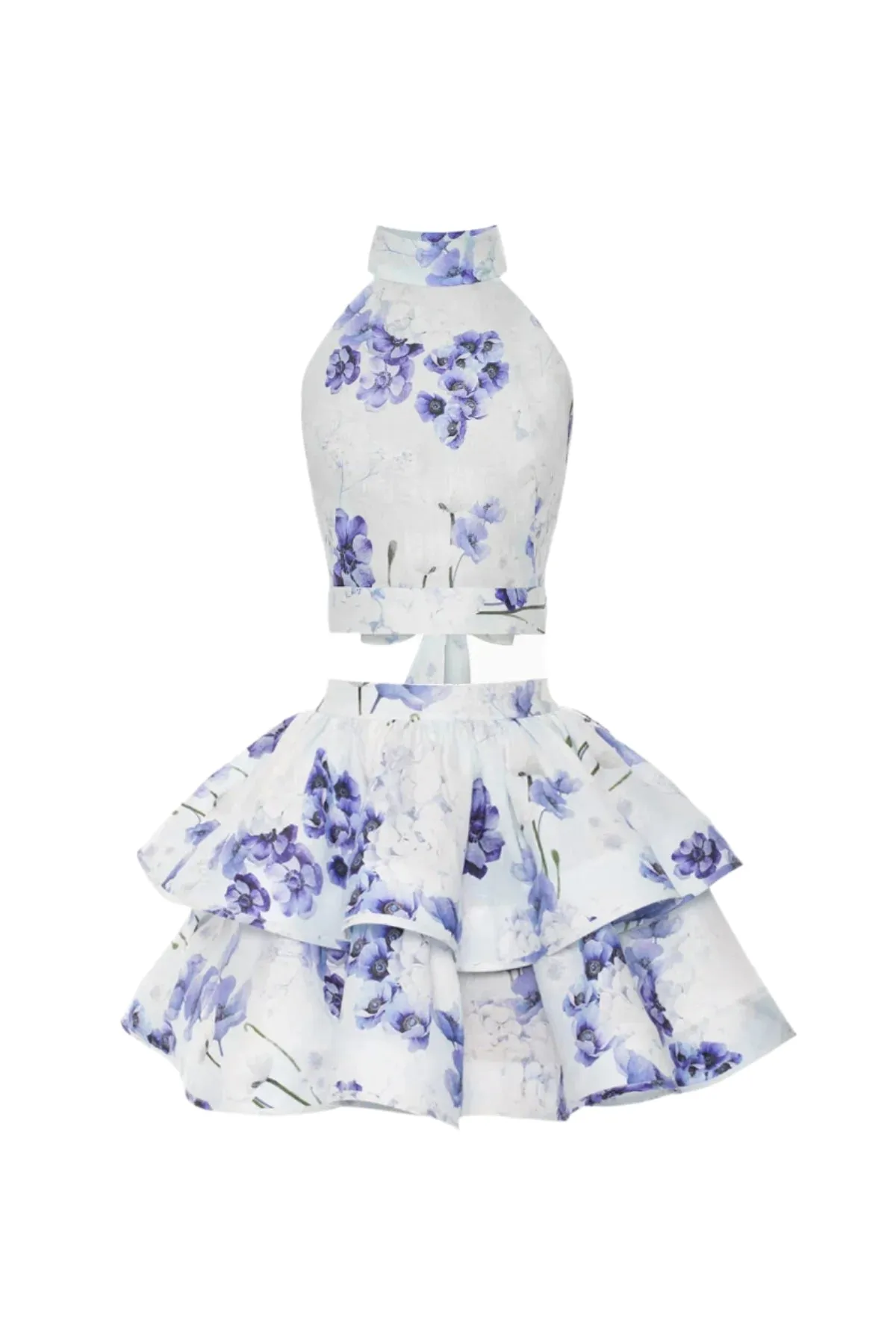 jessica printed backless halter top skirt set in blue Gloria Lanvin