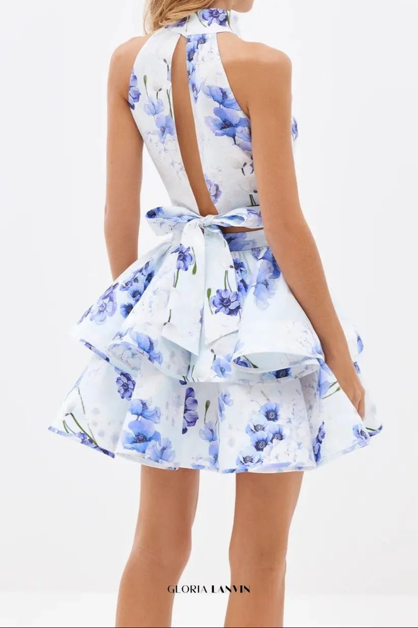 jessica printed backless halter top skirt set in blue Gloria Lanvin