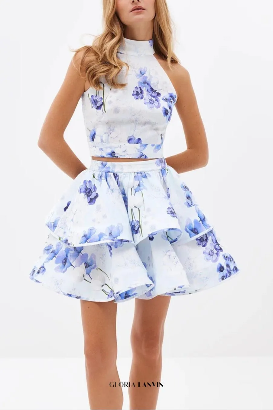 jessica printed backless halter top skirt set in blue Gloria Lanvin