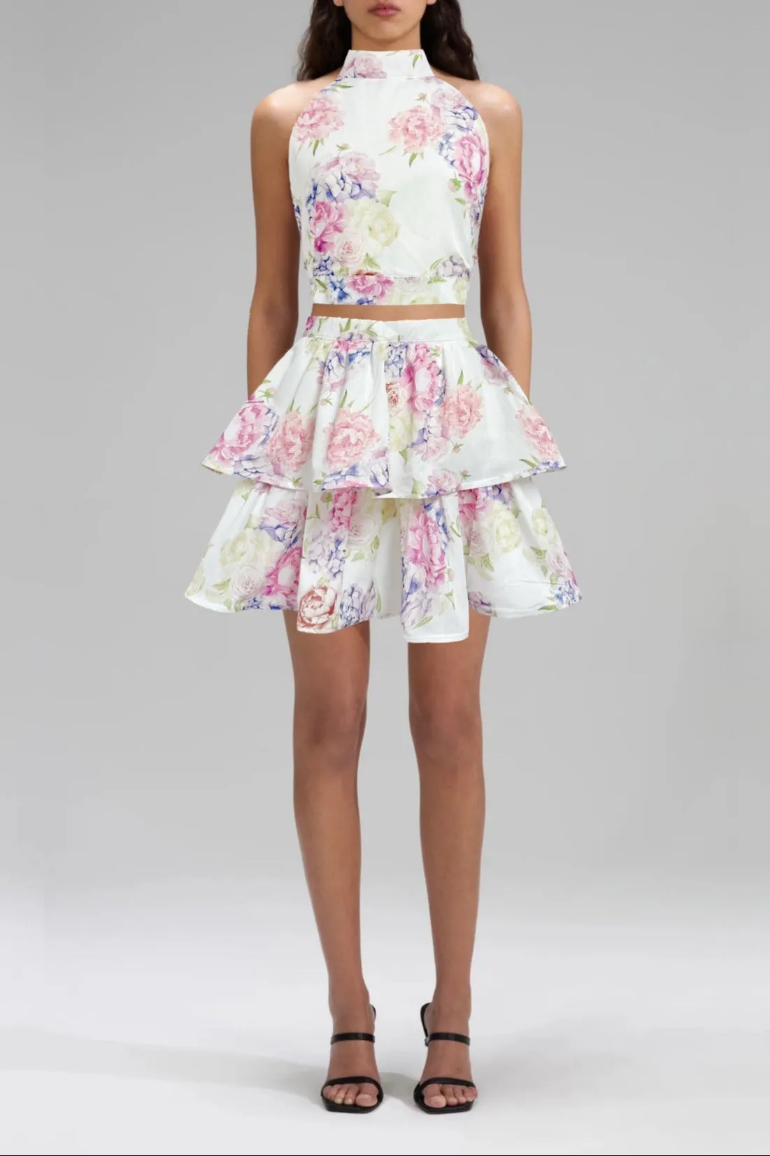 jessica printed backless halter top skirt set in pink Gloria Lanvin