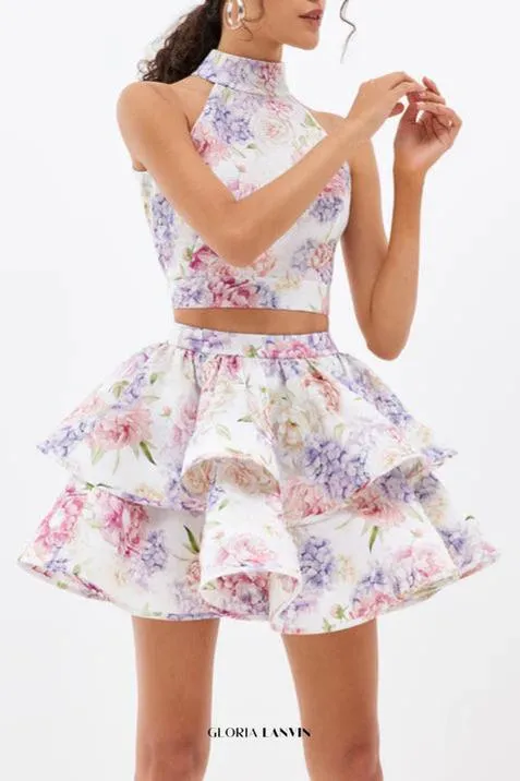 jessica printed backless halter top skirt set in pink Gloria Lanvin