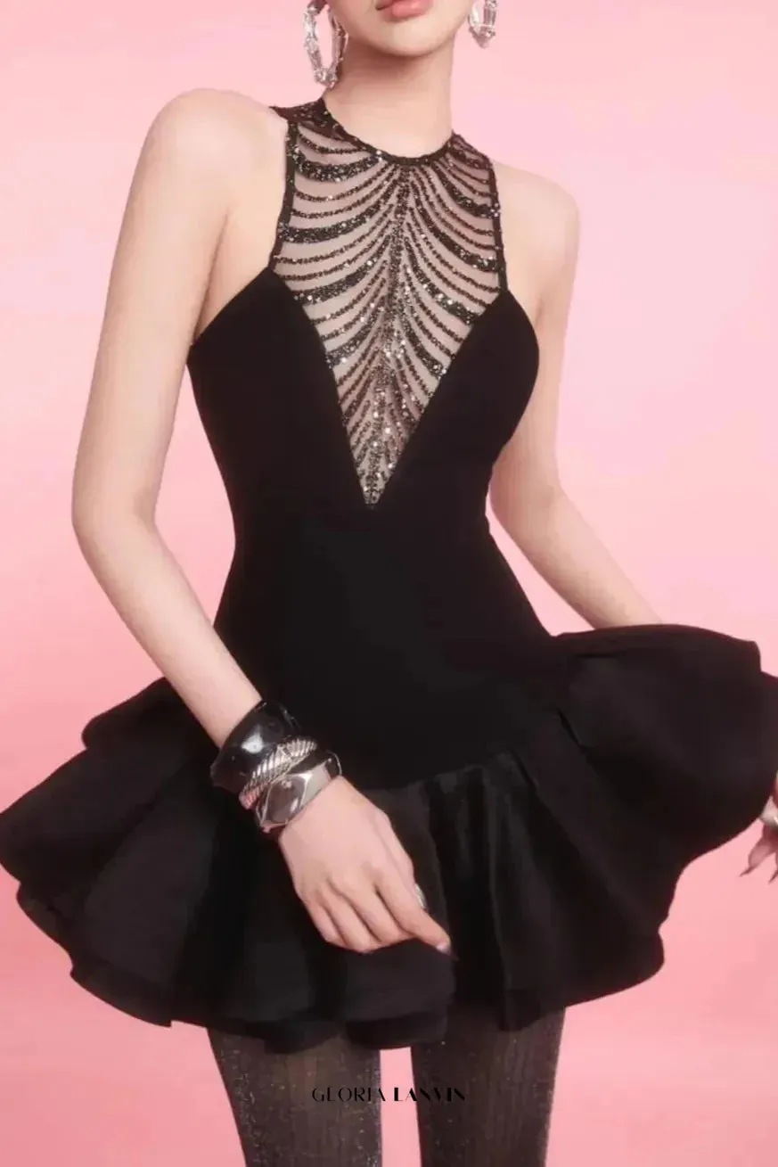 jessica sequin tulle ruched hem mini dress in black Gloria Lanvin