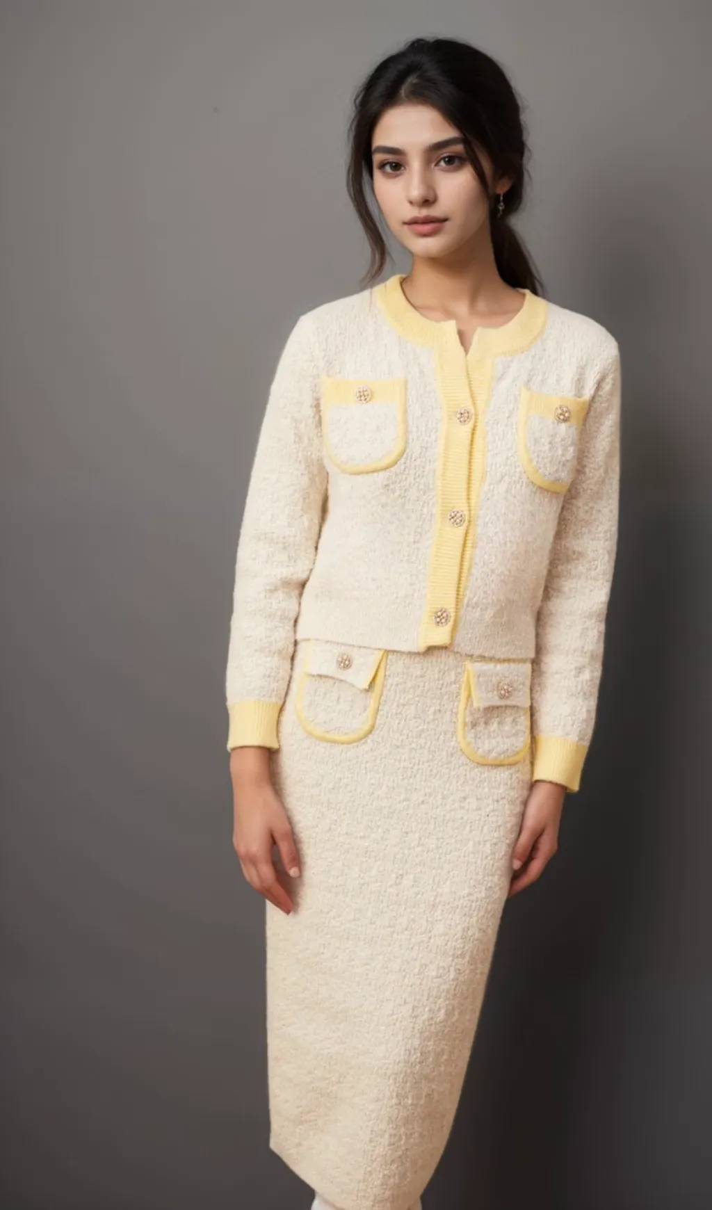Jessie white textured knit cardigan & skirt matching set Gloria Lanvin