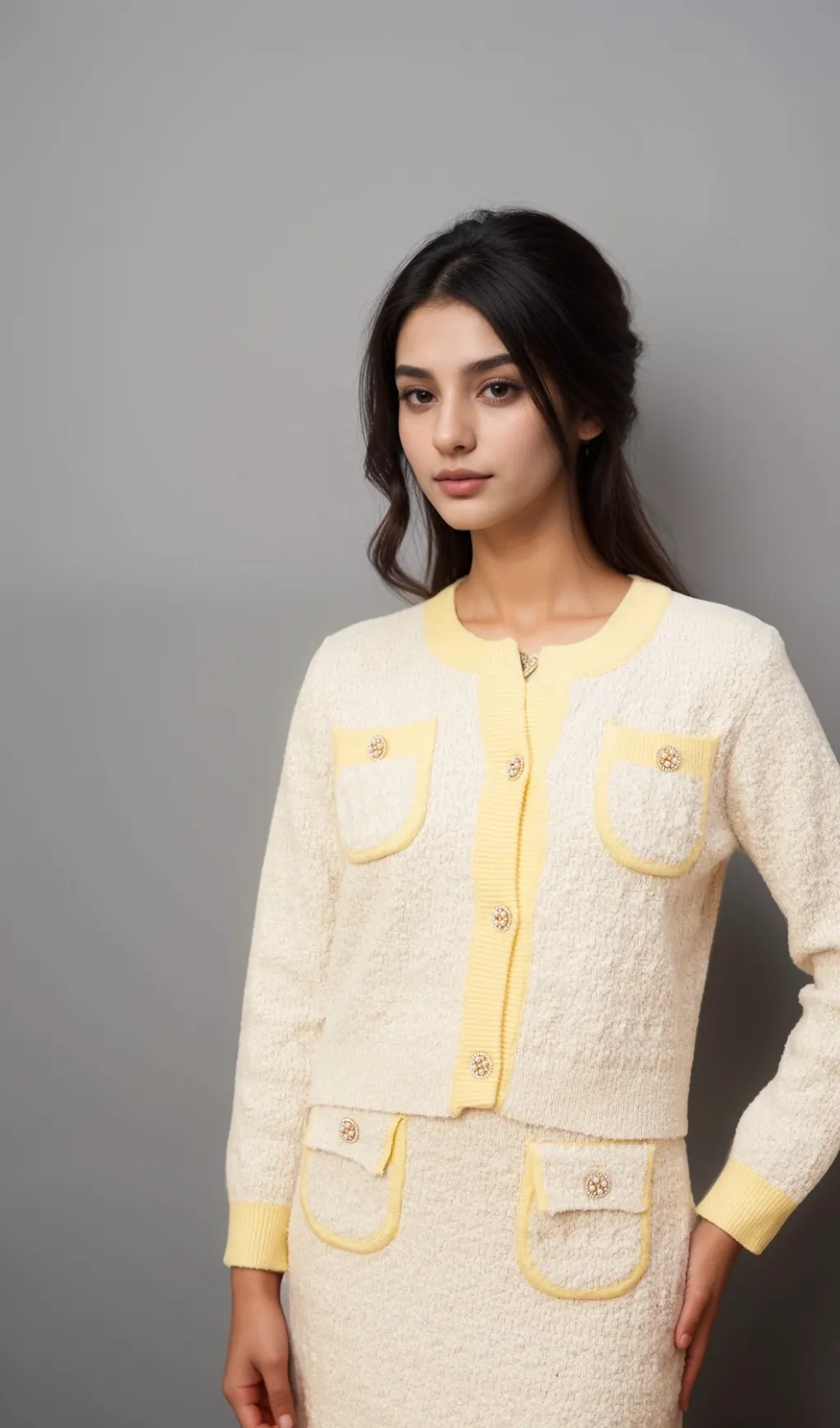 Jessie white textured knit cardigan & skirt matching set Gloria Lanvin