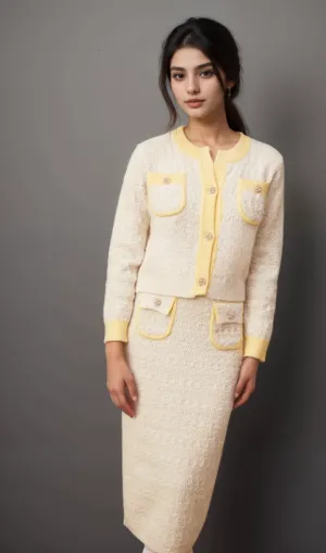 Jessie white textured knit cardigan & skirt matching set Gloria Lanvin