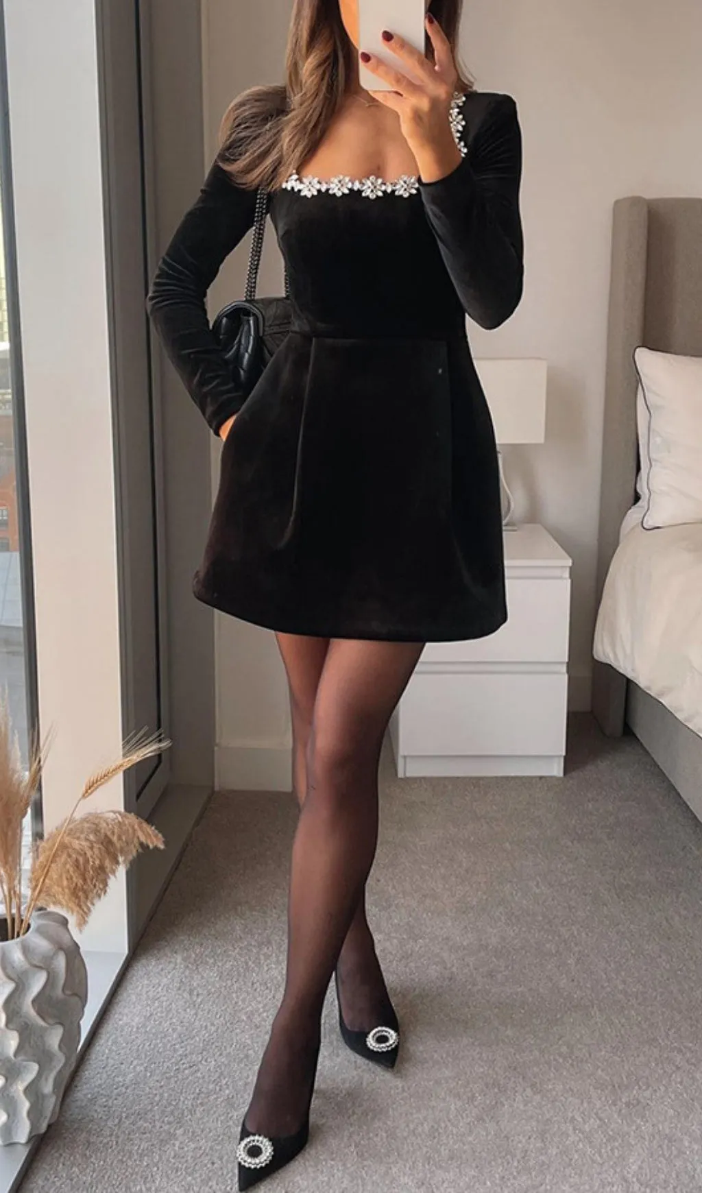 JEWEL-EMBELLISHED TRIM MINI DRESS IN BLACK Gloria Lanvin